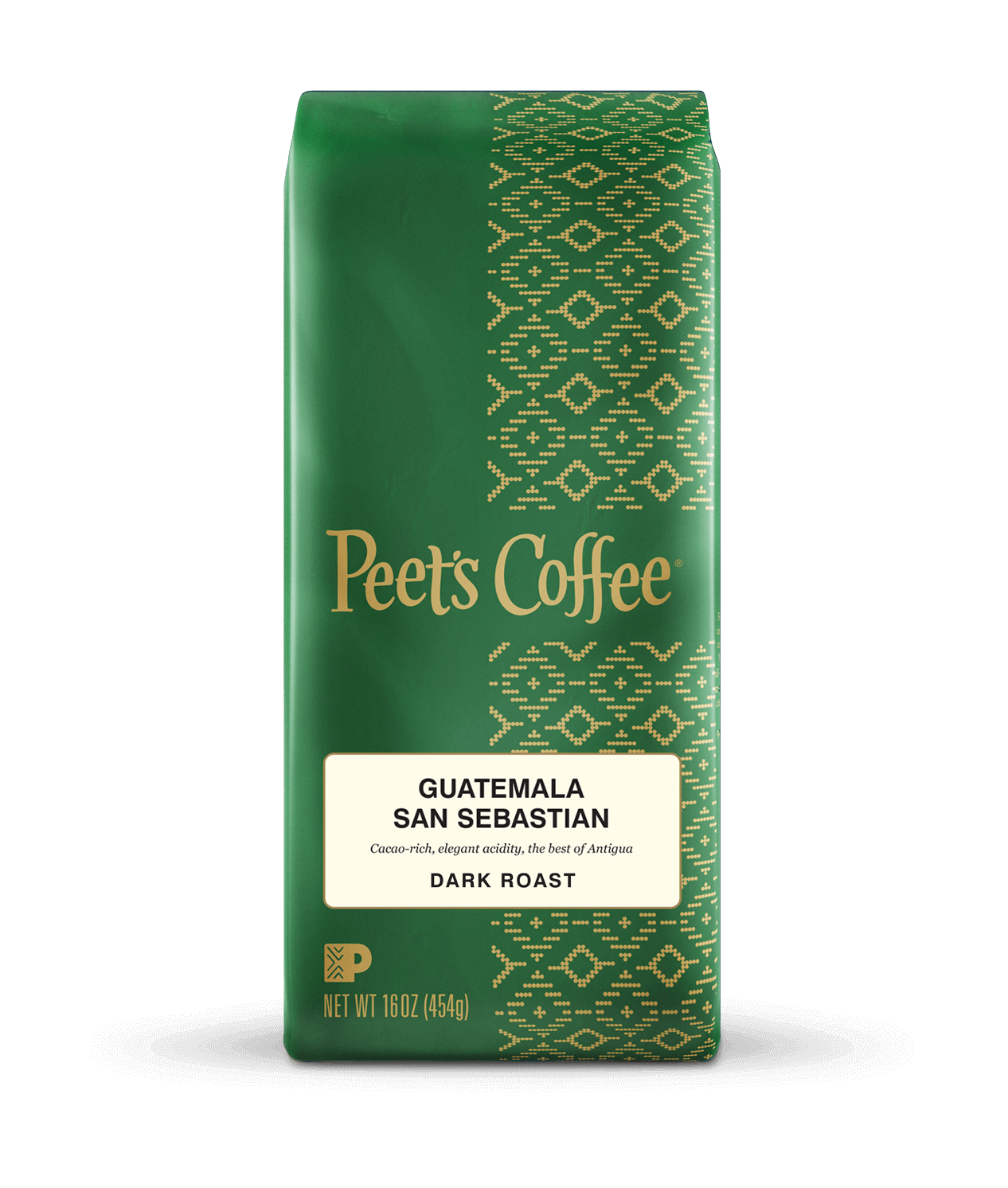 Peet's Coffee Guatemala San Sebastián Dark Roast Coffee beans in a green 16 ounce bag